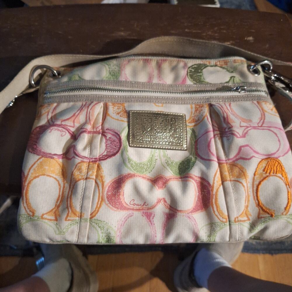 Coach Poppy Shoulder Bag. Pink Orange Green Signature. Silver Hardware Zippers